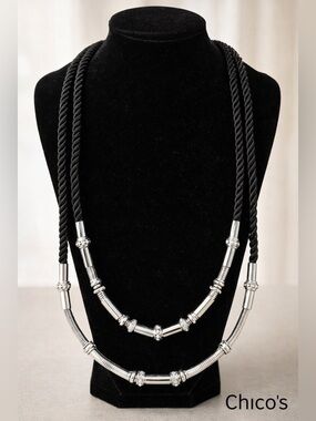 Chicos Black Rope Necklace with Silver Tubes